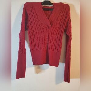 Elegant V-Neck Red Sweater With Hoodie